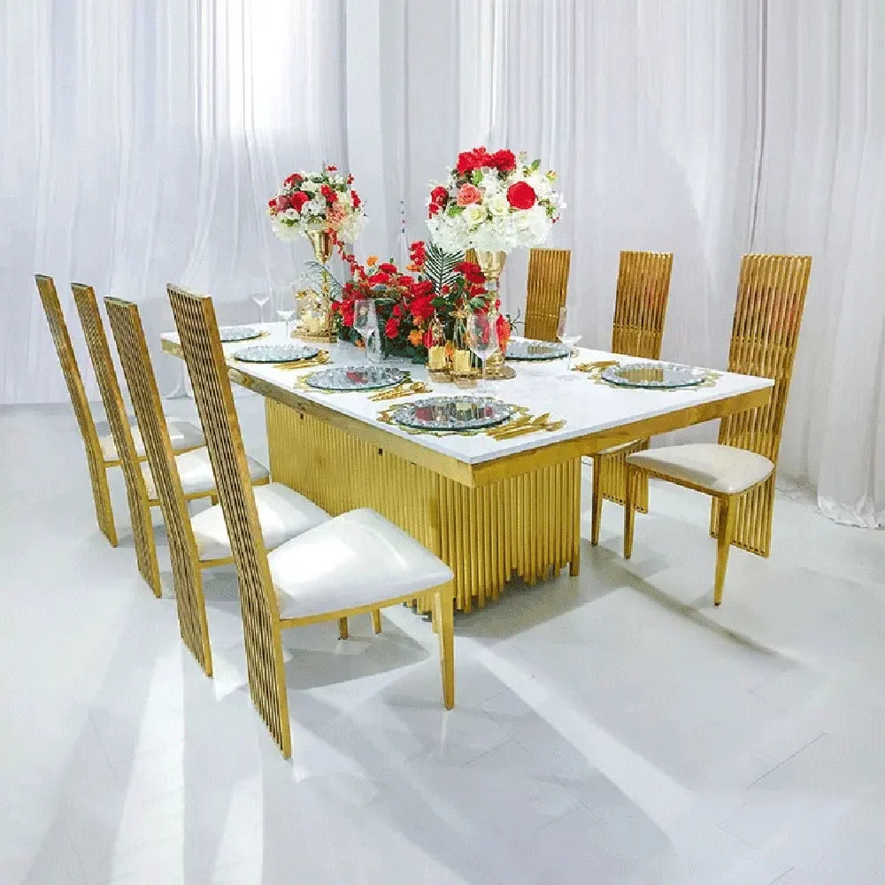Wholesale luxury banquet table stainless steel base with glass or mdf top rectangle wedding dining tables set