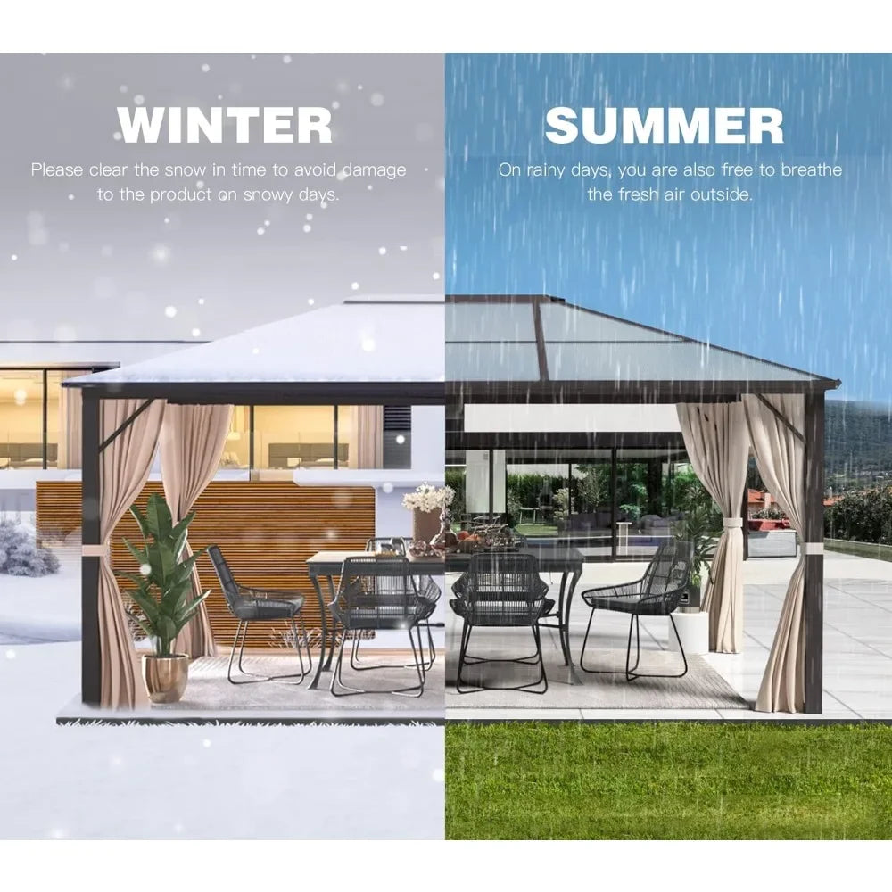 Outdoors Tents,10x12 Hardtop Gazebo,Aluminum Frame Permanent Pavilion with Curtains and Netting,Sunshade , Outdoors Gardens Tent