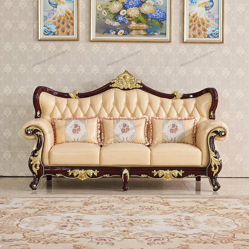 European Genuine Leather Sofa 123 Combo – Solid Wood Carved Living Room Set for Villa Suite
