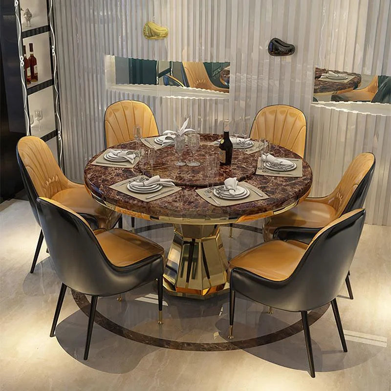 Luxury Natural Marble Round Dining Table Set – Portable Stainless Steel with 6 Chairs