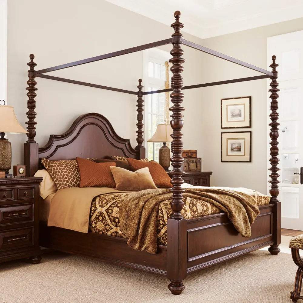 Retro solid wood double bed mosquito net rack Roman four-poster big bed master bedroom villa