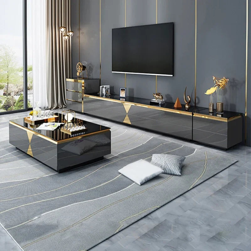 Luxury Modern Wooden TV Cabinet – Black and Gold Floor Unit with Drawers for Living Room.