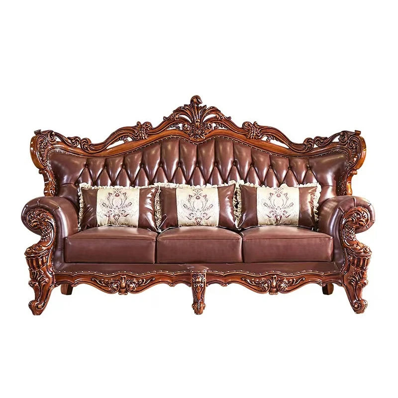 European-Style Leather Sofa: Solid Wood Carving with First Layer Cowhide, Ideal for Large Villa Living Rooms.