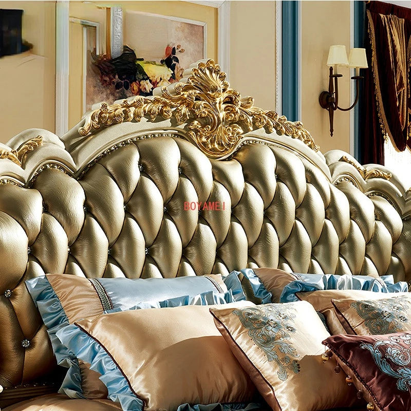 Pafia European Villa Leather Bed 1.8m Big Bed Solid Wood Carved Bed Wholesale