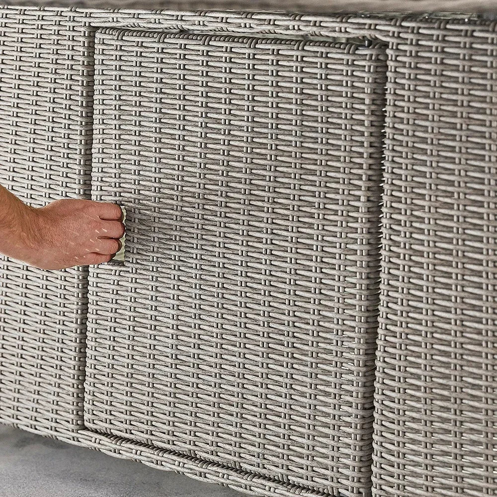 Custom 8-Seat Outdoor Rattan Dining Set with Rectangular Fire Pit Table.