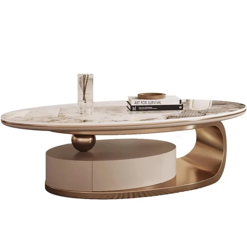 Metal Coffee Table – Modern Elipse Design with Italian White Marble Top