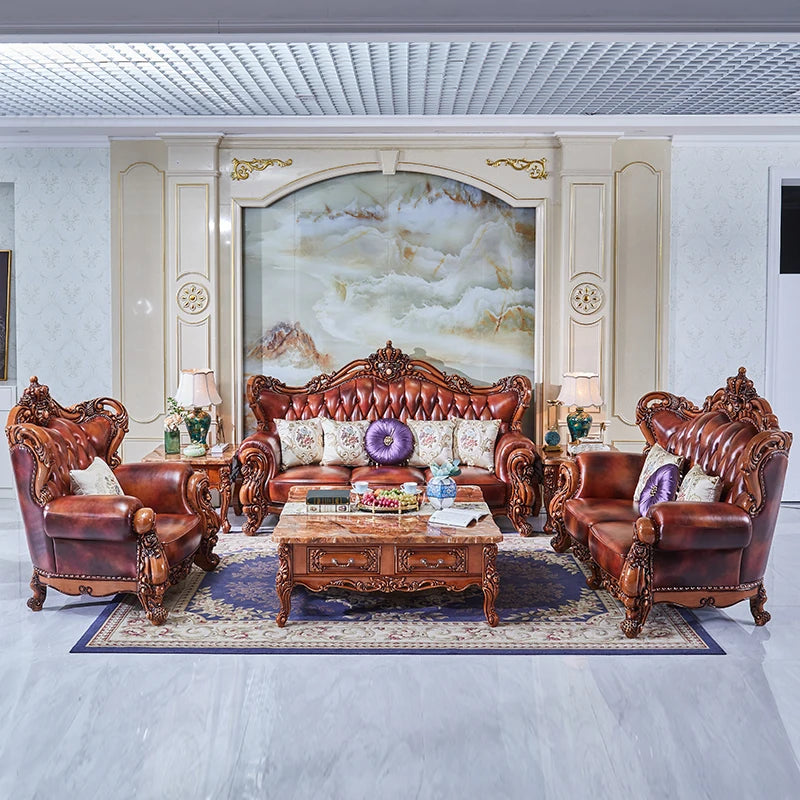 uropean Leather Sofa Combination - Carved Crown Sofa for Villa Living Room