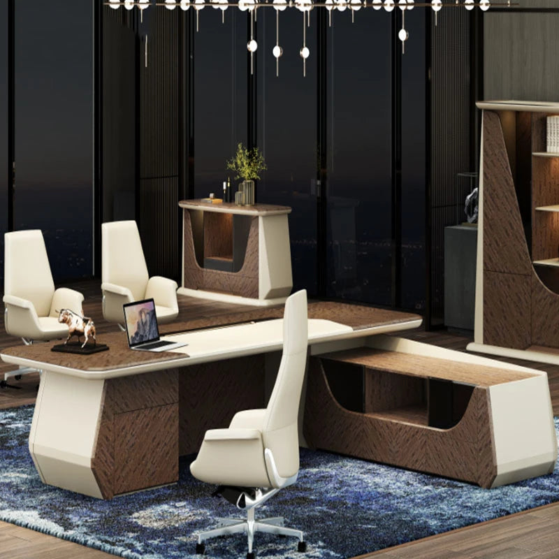 L-Shaped Office Desk with Storage Drawers and Filing Cabinets