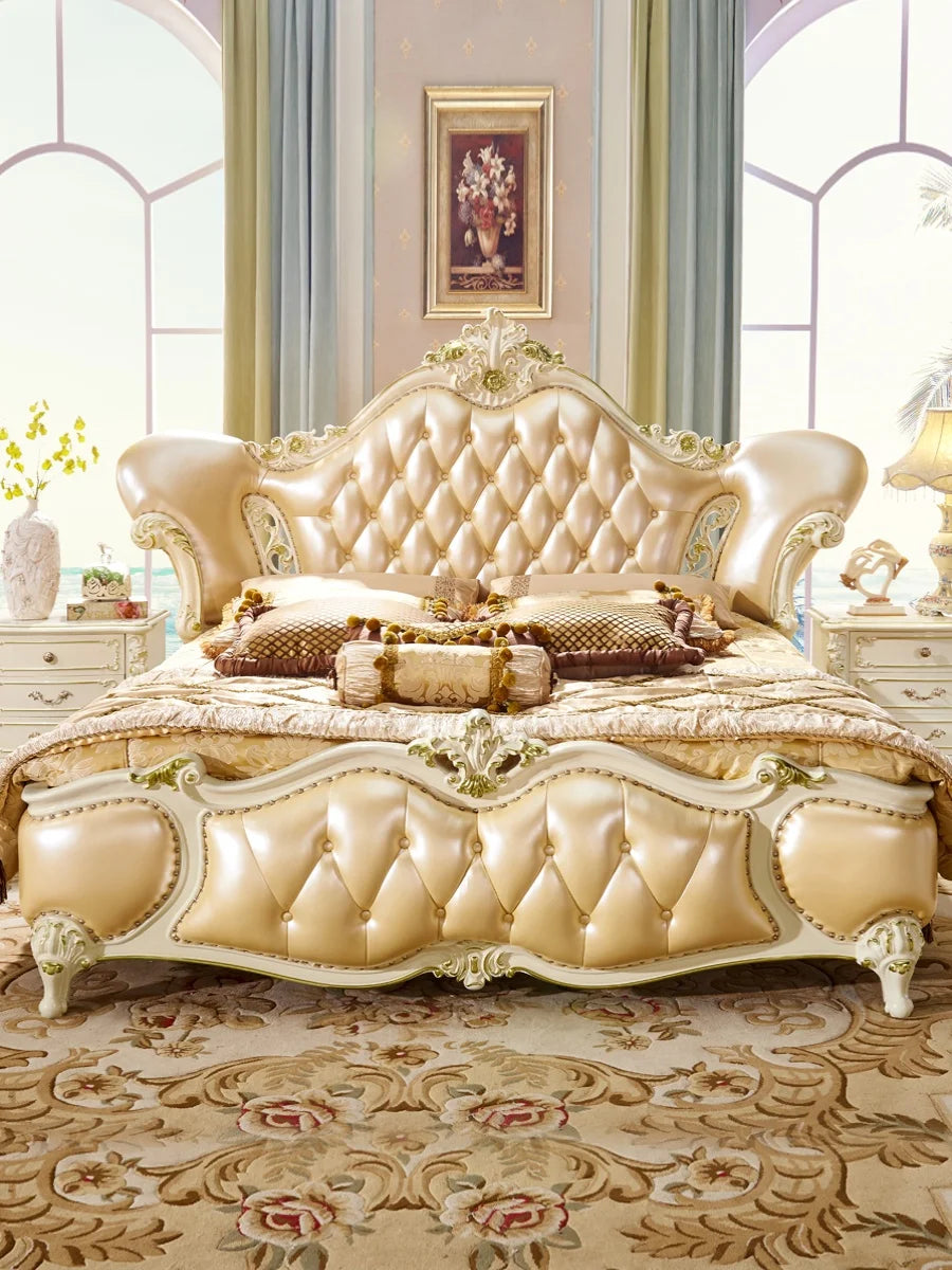 ProCARE Classical european style carved leather bed set,Luxury bedroom furniture wooden bed frame king size