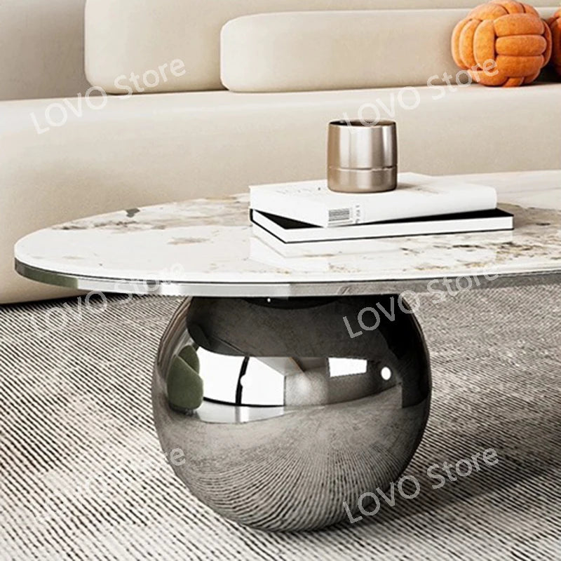 Nordic Oval Coffee Table – Luxury Marble Top with Metal Frame Legs
