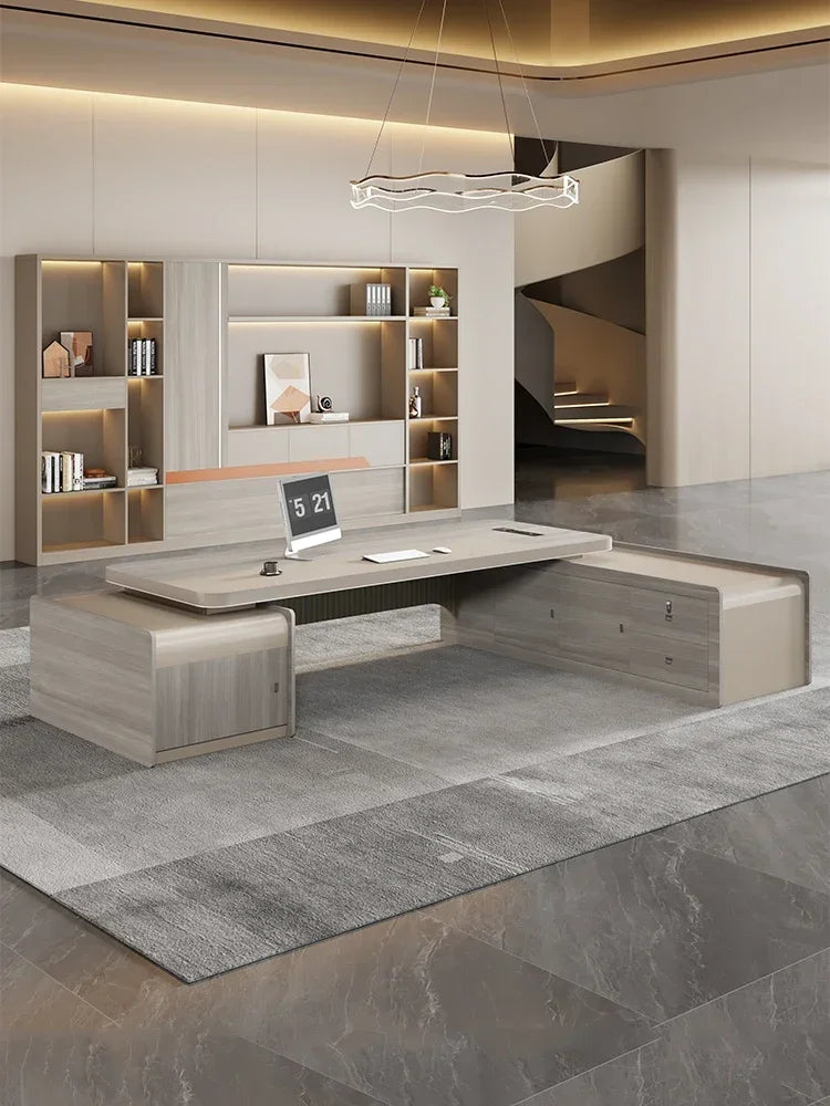 Modern L-Shaped Office Desk – Features Double Cabinet Legs for Added Storage