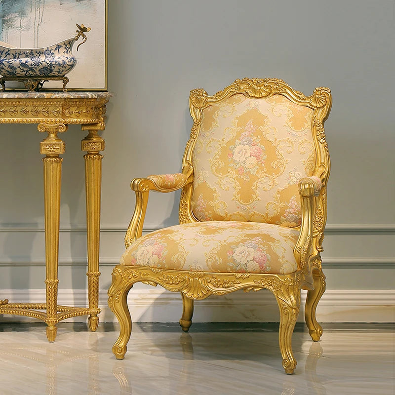 European French Luxury Solid Wood Lounge Chair with Carved Details and Gold Leaf