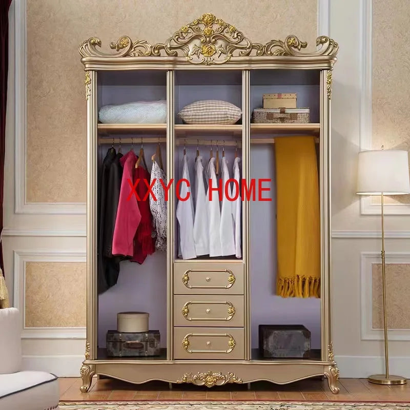 European-Style Three-Door Wardrobe – Champagne Gold, French Carved