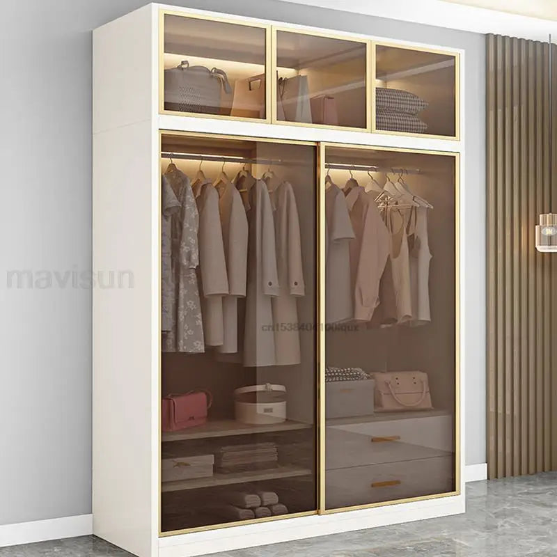 Italian Clothes Cabinet – Luxury Wood Wardrobe with LED Light, Storage Drawers, and Glass Sliding Doors