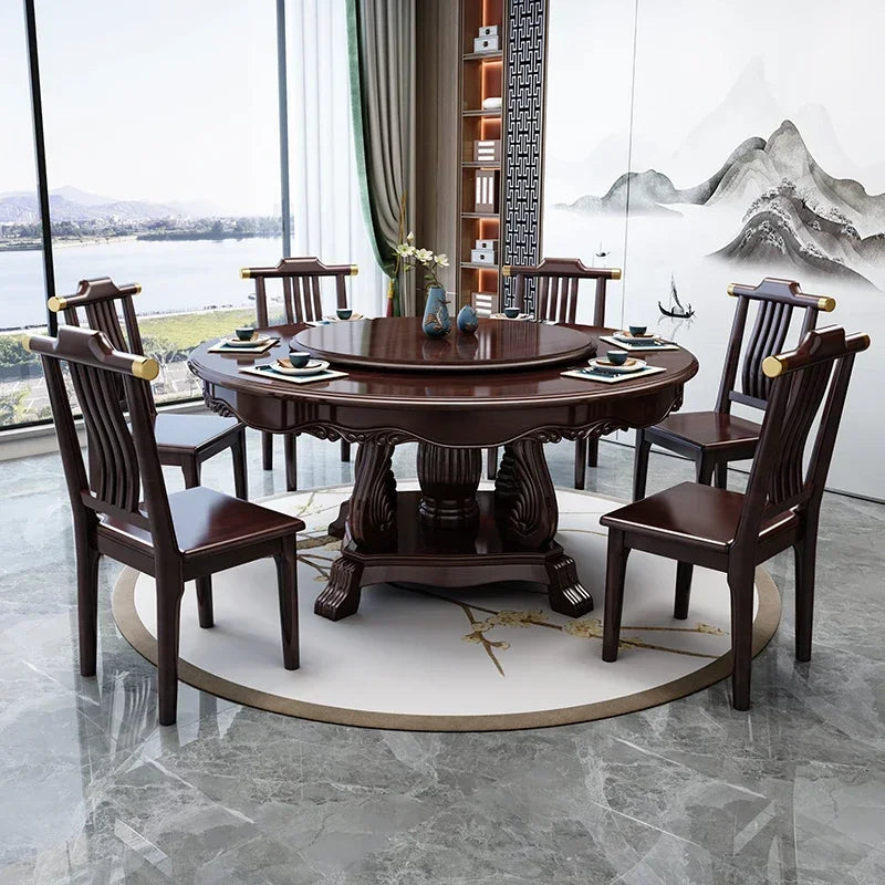 Solid wood round dining table and chair combination New Chinese style household large round hotel with turn