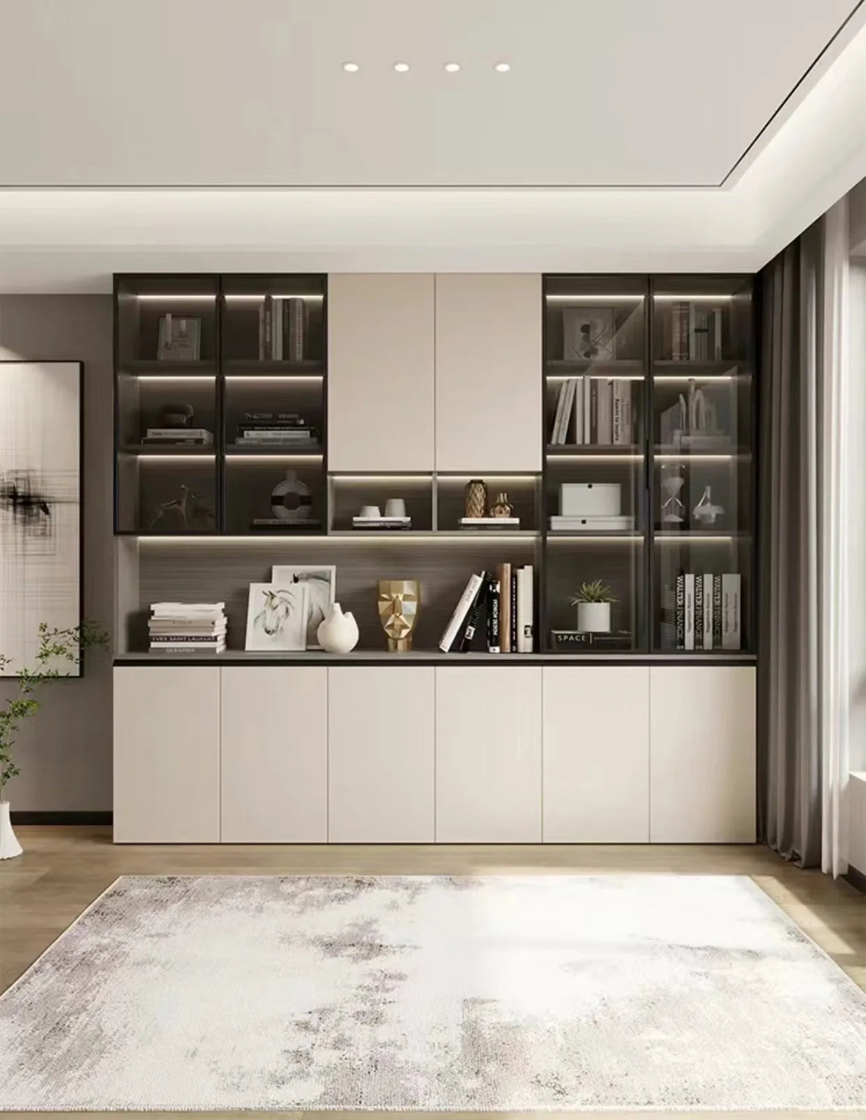 New customizable bookcase made from fireproof boards, luxury library furniture, featuring a wooden, wall-mounted design