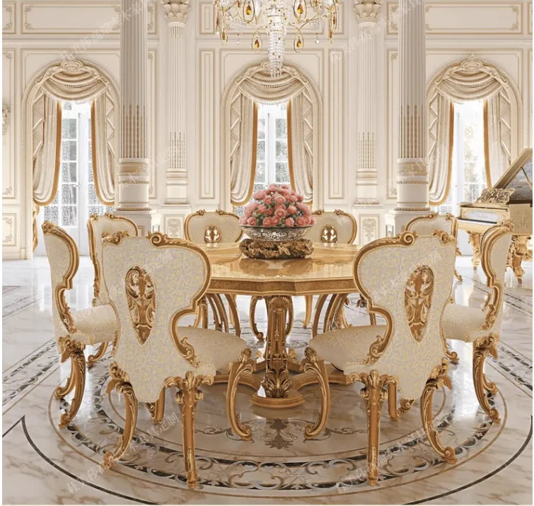 European Solid Wood Round Dining Set – Hand-Carved Retro Design