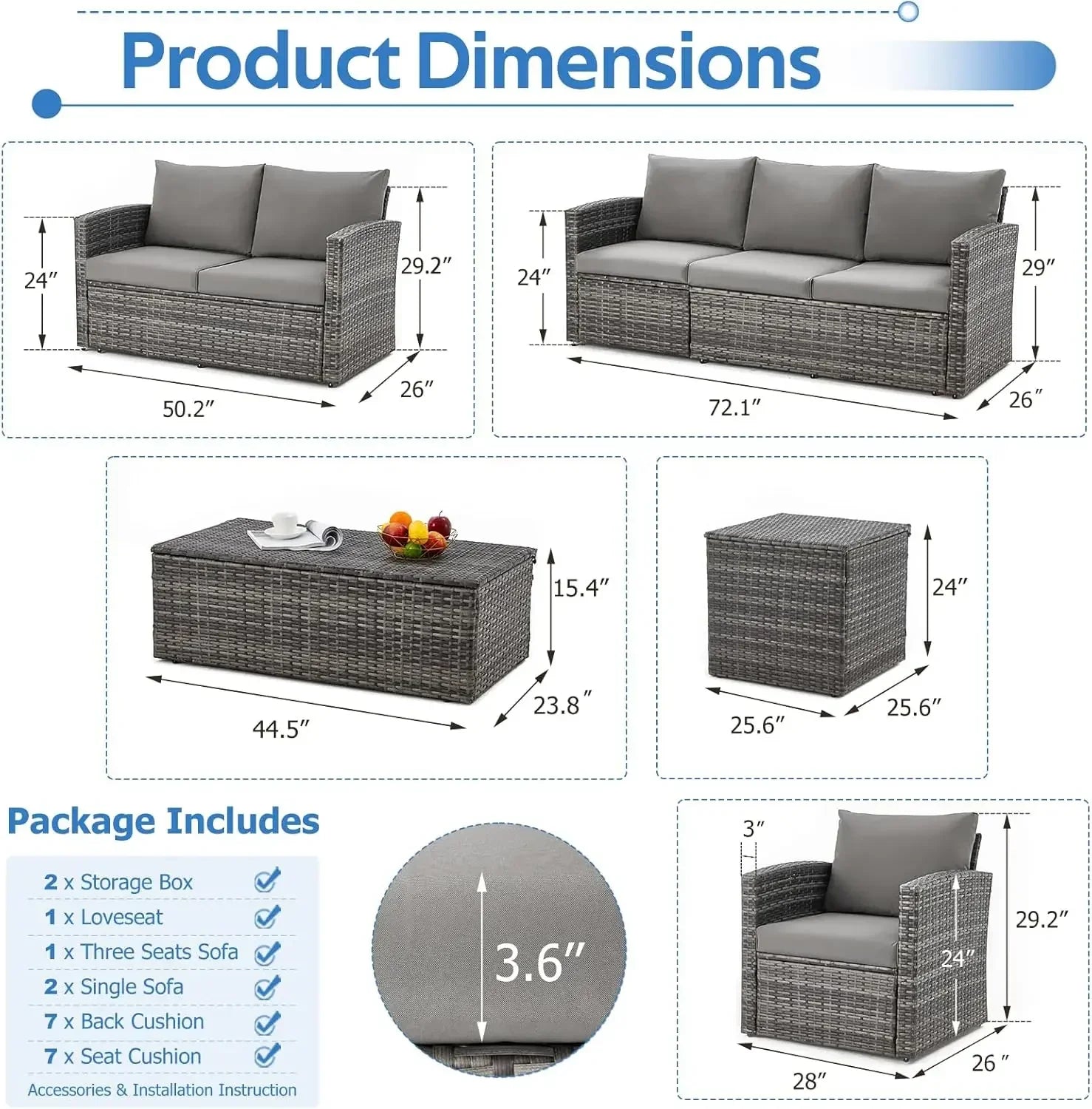7-Piece Outdoor Patio Furniture Set with Two Storage Boxes, All-Weather PE Wicker Sectional Conversation Set.