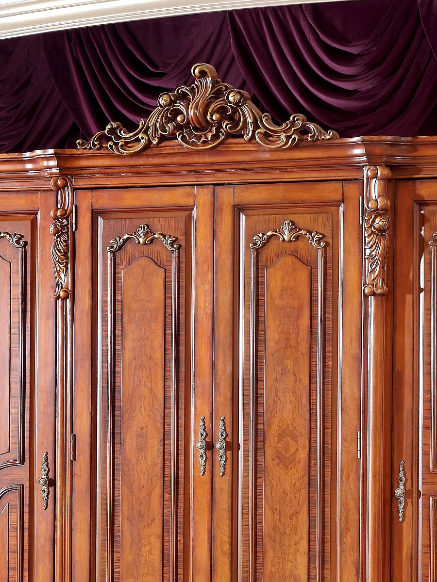 American Country Solid Wood Wardrobe – European-Style Retro, 4 Doors, Custom Luxury
