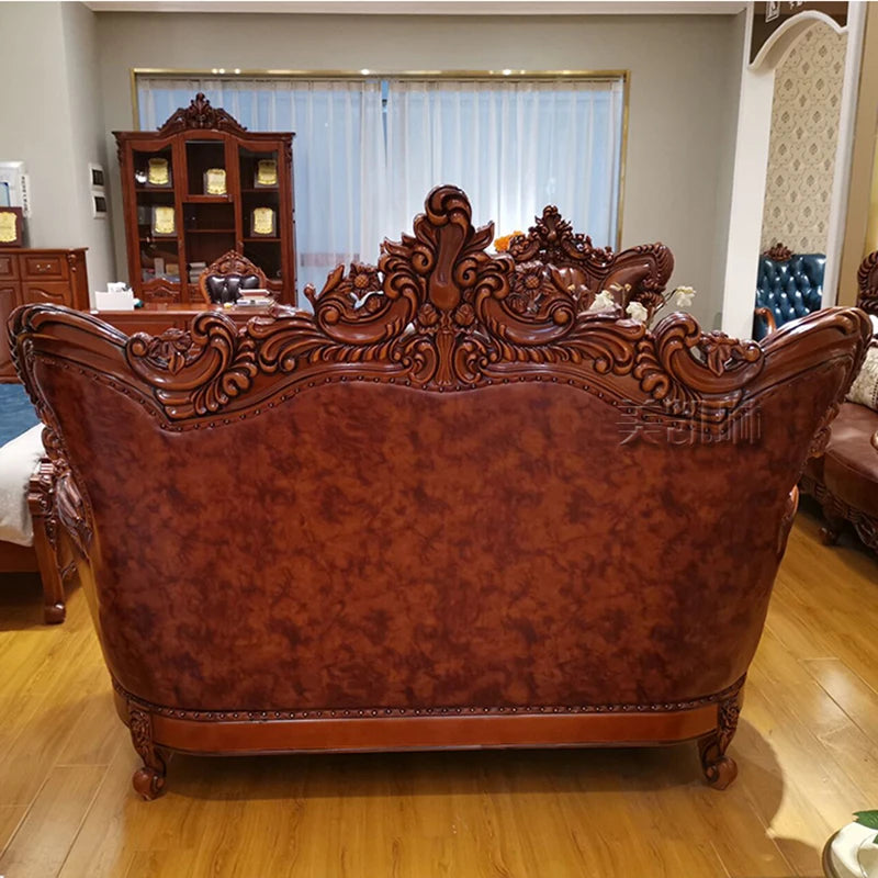 European-Style Leather Sofa: Luxury Imported Solid Wood, Double-Sided Carved, High-End Furniture for Villa Living Rooms