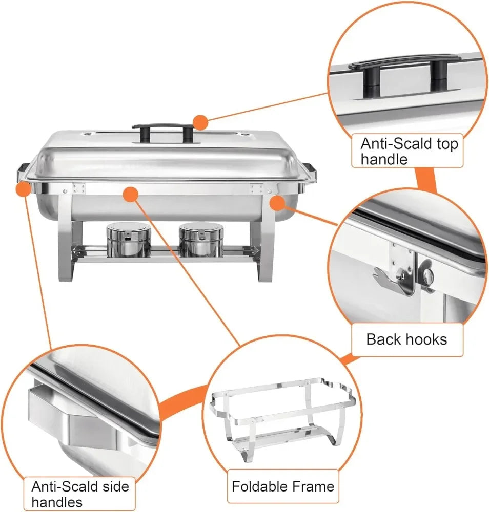 4-Pack Chafing Dish Buffet Set – 8 Quart Stainless Steel Servers and Warmers with Folding Frame, Ideal for Weddings.
