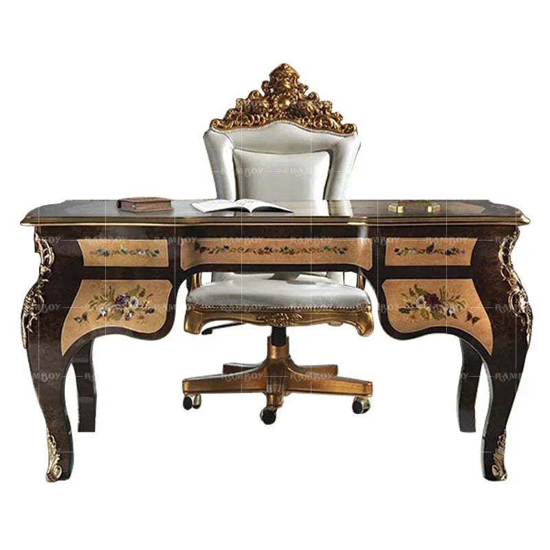 Custom French solid wood desk with butterfly shell inlays, perfect for writing or computer use