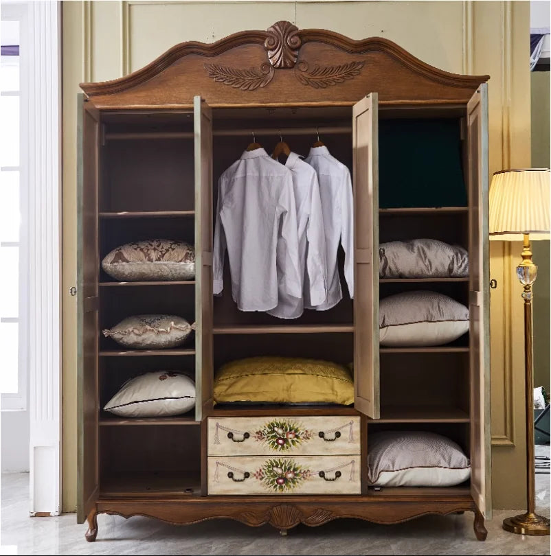 Solid Wood 4-Door Wardrobe – American Retro, Bedroom Storage Cabinet