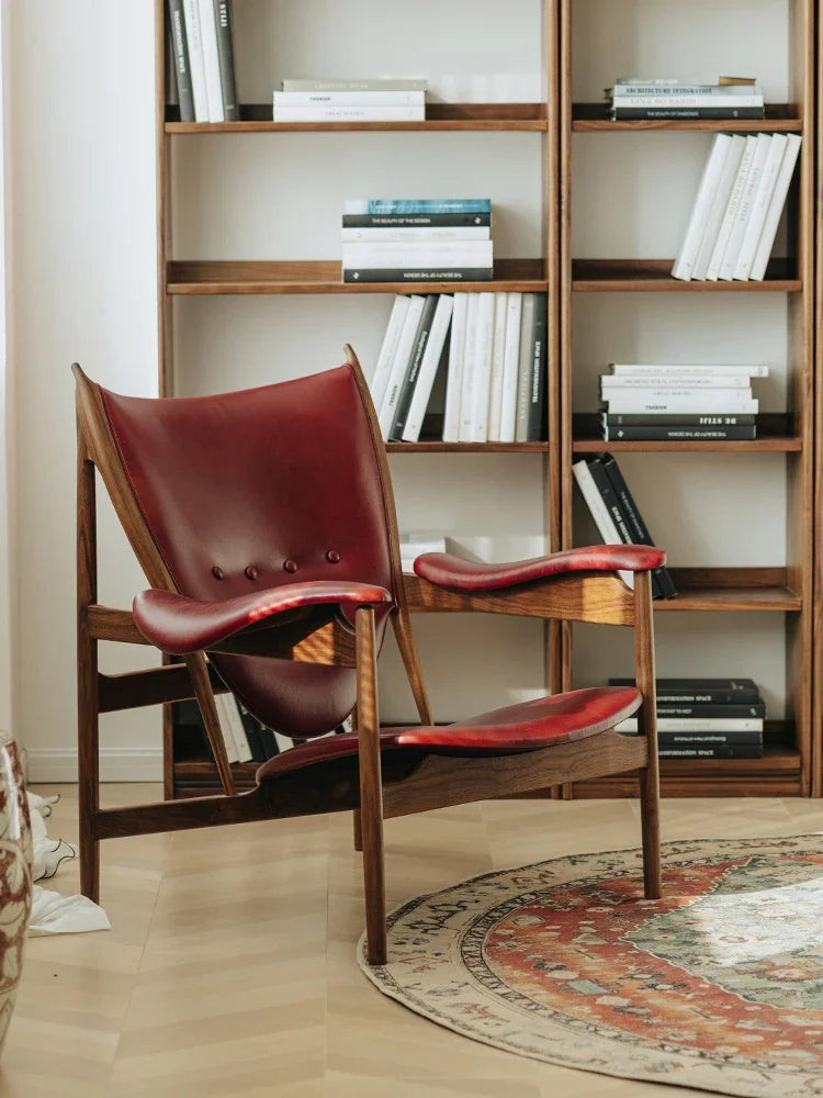 La burgundy oil wax leather chief  black walnut single sofa  living room  leather leisure chair