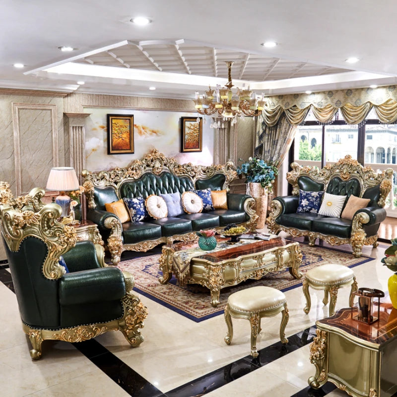 European Style Solid Wood Sofa Set – Luxury 123 Combination with Top Layer Leather