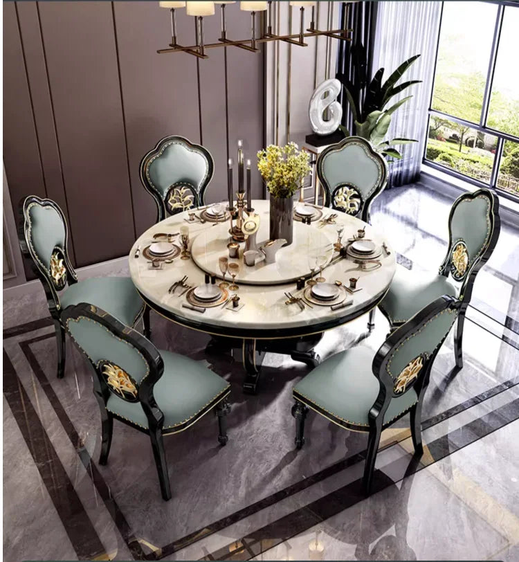 American Marble & Solid Wood Round Dining Table with Turntable – Light Luxury Dining Table & Chair Set