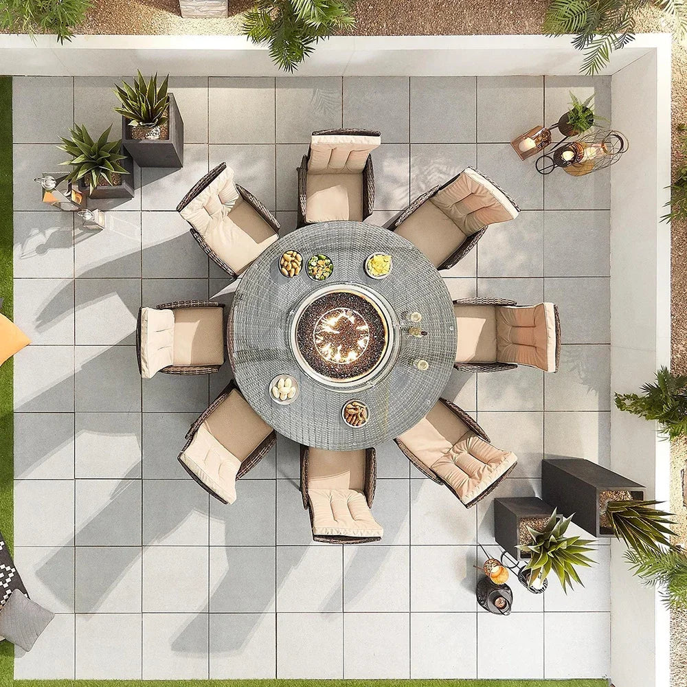 Custom 8-Seat Wicker Rattan Outdoor Dining Set with Round Fire Pit Table
