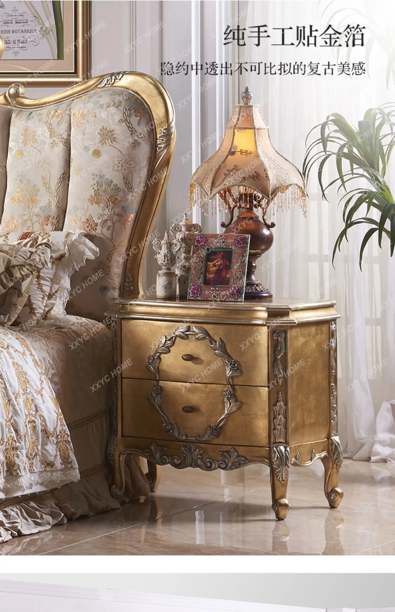 French-inspired retro solid wood double bed, featuring fabric upholstery and elegant carvings