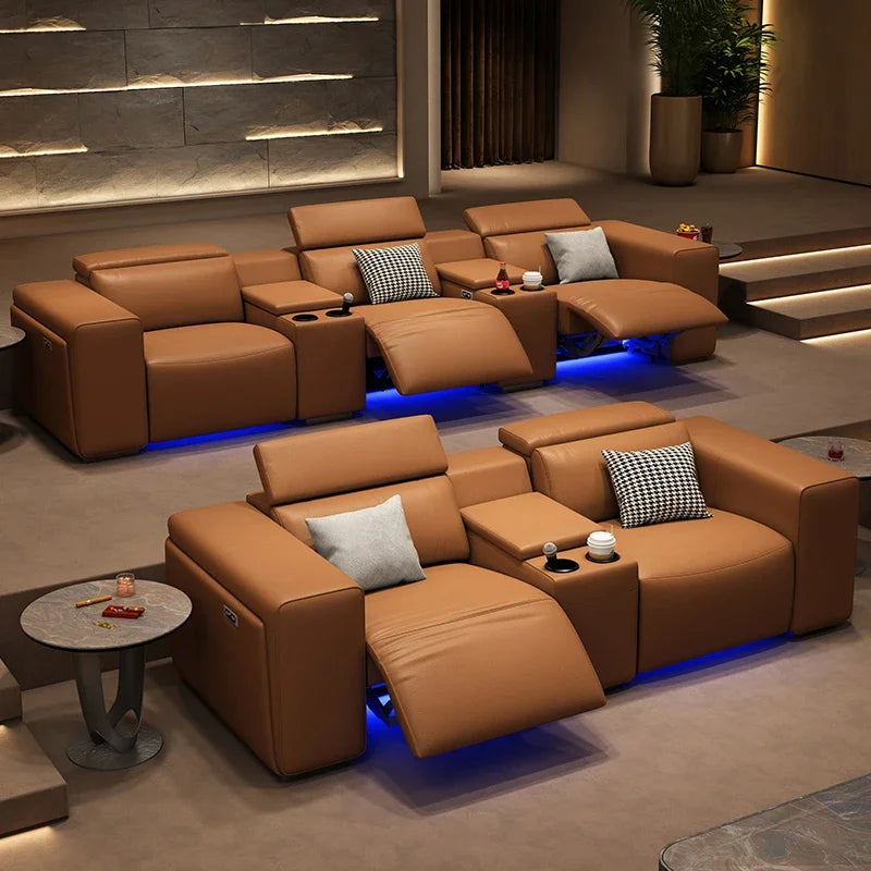 Private Home Theater Sofa Italian Style Light Luxury Leather Sofa Straight Row Space Functional Cabin Electric Sofa