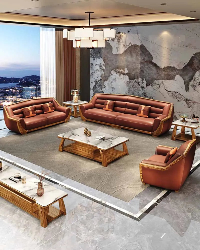 New Chinese style genuine leather art sofa, solid wood, modern and simple high-end living room, large unit villa 124 combination