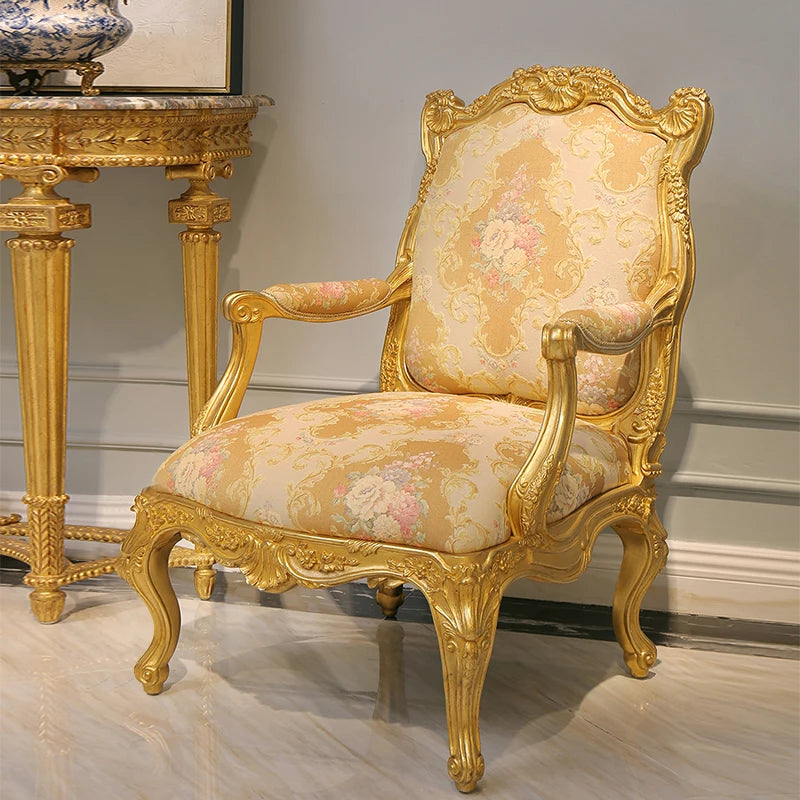 European French Luxury Solid Wood Lounge Chair with Carved Details and Gold Leaf