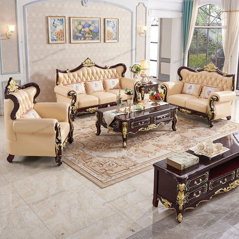 European Genuine Leather Sofa 123 Combo – Solid Wood Carved Living Room Set for Villa Suite
