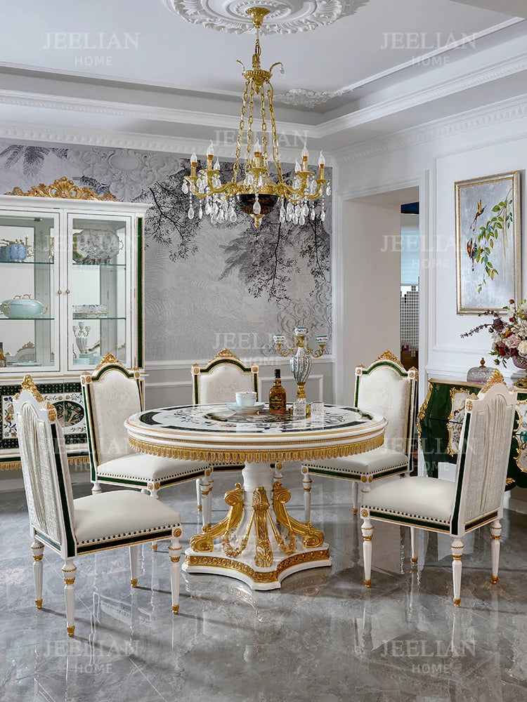 French-Style High-End Shell Mosaic Solid Wood Dining Table and Chair 1.38 M Household round Dining Table Home Furniture