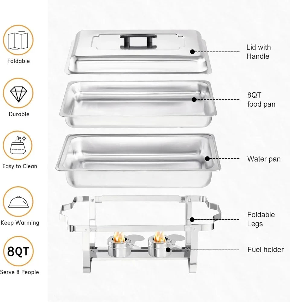 4-Pack Chafing Dish Buffet Set – 8 Quart Stainless Steel Servers and Warmers with Folding Frame, Ideal for Weddings.
