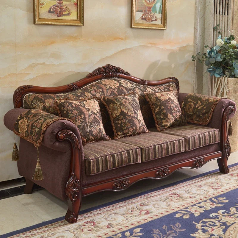 Vintage American carved solid wood European sofa Set for high-end hotel living rooms, custom-made.