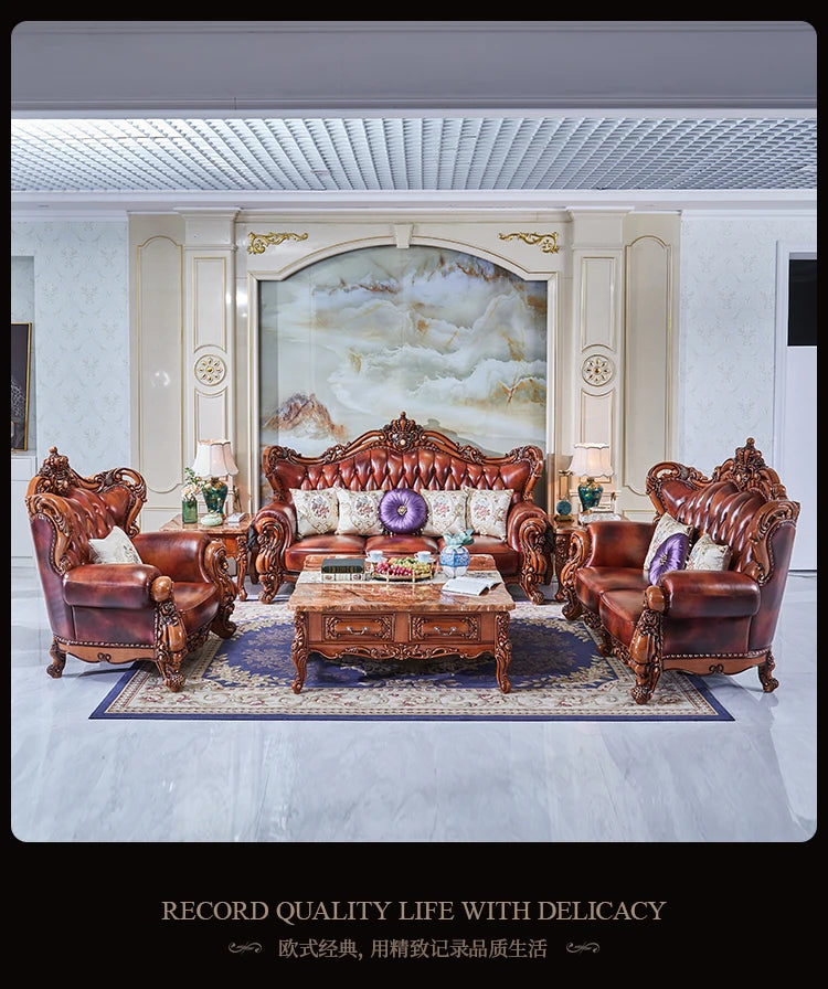 uropean Leather Sofa Combination - Carved Crown Sofa for Villa Living Room
