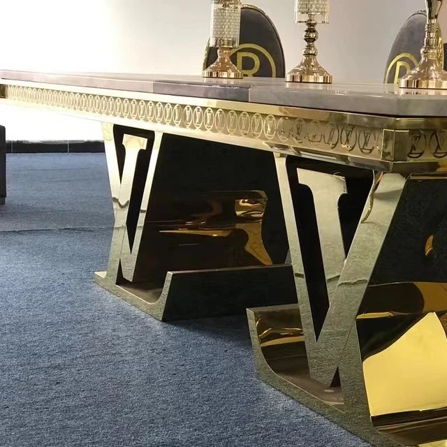 High End Luxury Lifestyle Visonnaire Gold Brass Stainless Steel Dining Table Big Rectangle Marble Table