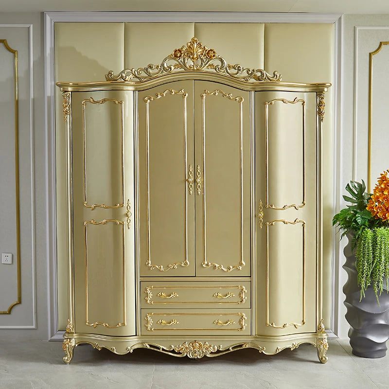 European Style Wardrobe – Solid Wood Carved, Gold Finish, Four Doors, American Villa Design