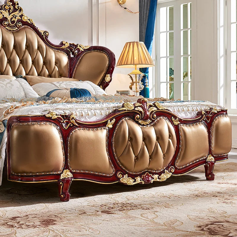 European Double Bed – Solid Wood American Style, Luxurious Carved Leather