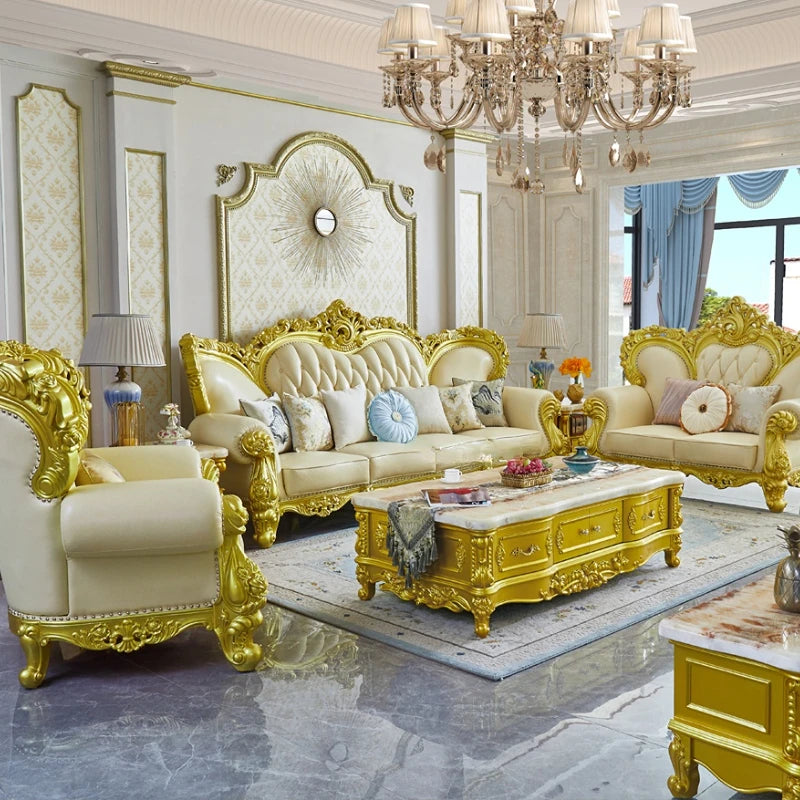 European Style Solid Wood Sofa – Genuine Leather Combination for Large Family Living Room