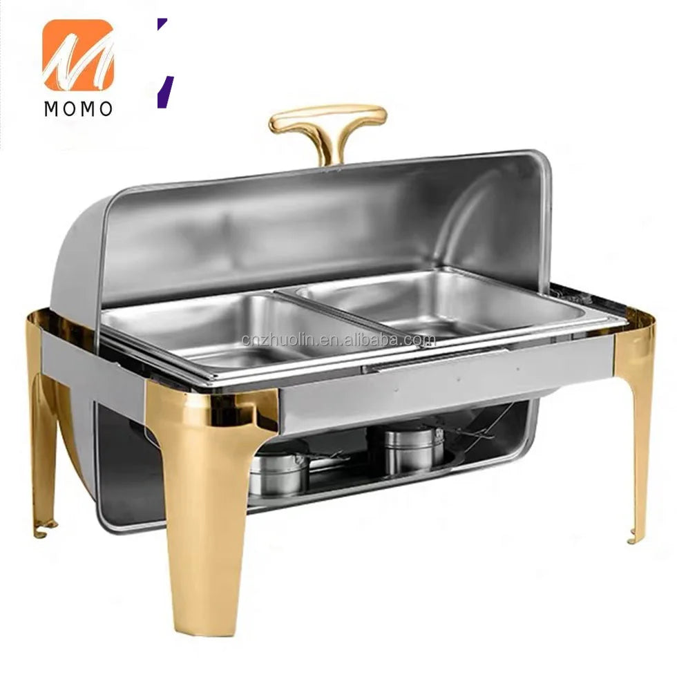 Gold and Silver Buffet Chafing Dish – Rectangular Roll-Top Food Warmer for Restaurants and Catering.