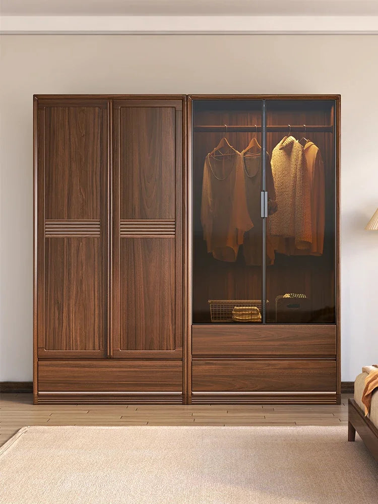Solid Wood Black Walnut Wardrobe – Modern, Simple Design with Top Cabinet for Bedroom Storage.
