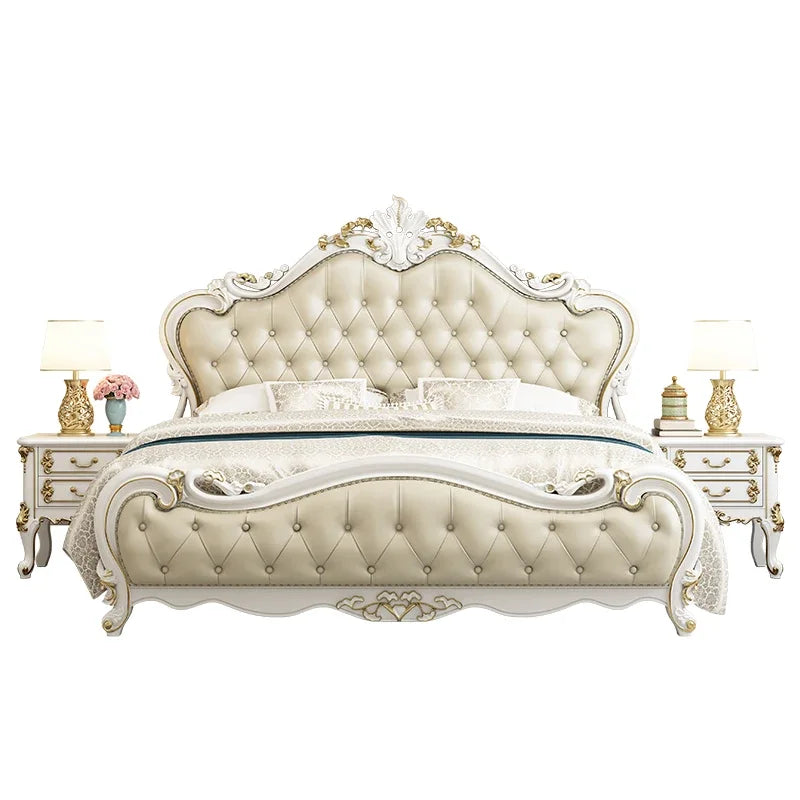European King Size Double Bed in Luxury White Wood and Leather