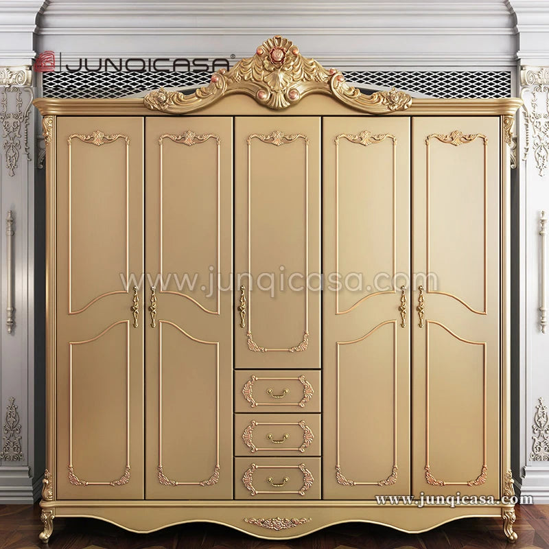 Luxury Antique 4-Door Wardrobe – Classic Gold Solid Wood Bedroom Furniture