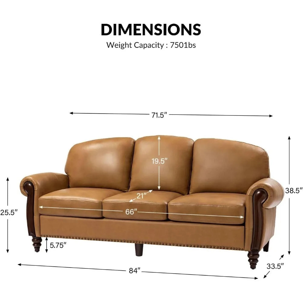 Genuine Leather Sofa 3-Seater Couch Traditional Living Room Sofa with Carved Solid Wood Legs, Camel