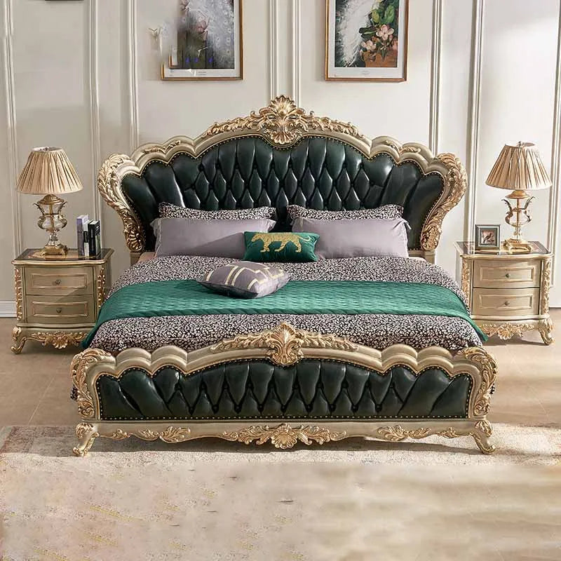 European Style Villa Double Bed: French 2-Meter King Bed, All Solid Wood with Luxury 1.8-Meter Design, Champagne Gold Genuine Leather.